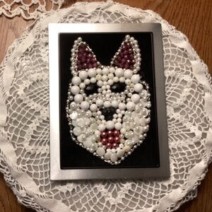 Handcrafted jewelry white dog in wall decor art on black velvet pink tongue